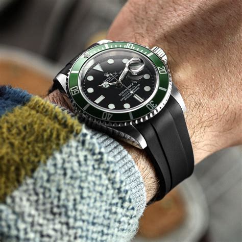 green rolex on a leather or rubber bracelet|Rolex submariner on rubber.